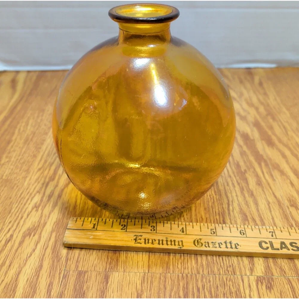Vintage Amber Glass Orb Vase Round Globe Ball Mid Century Modern MCM 6.5 Inch